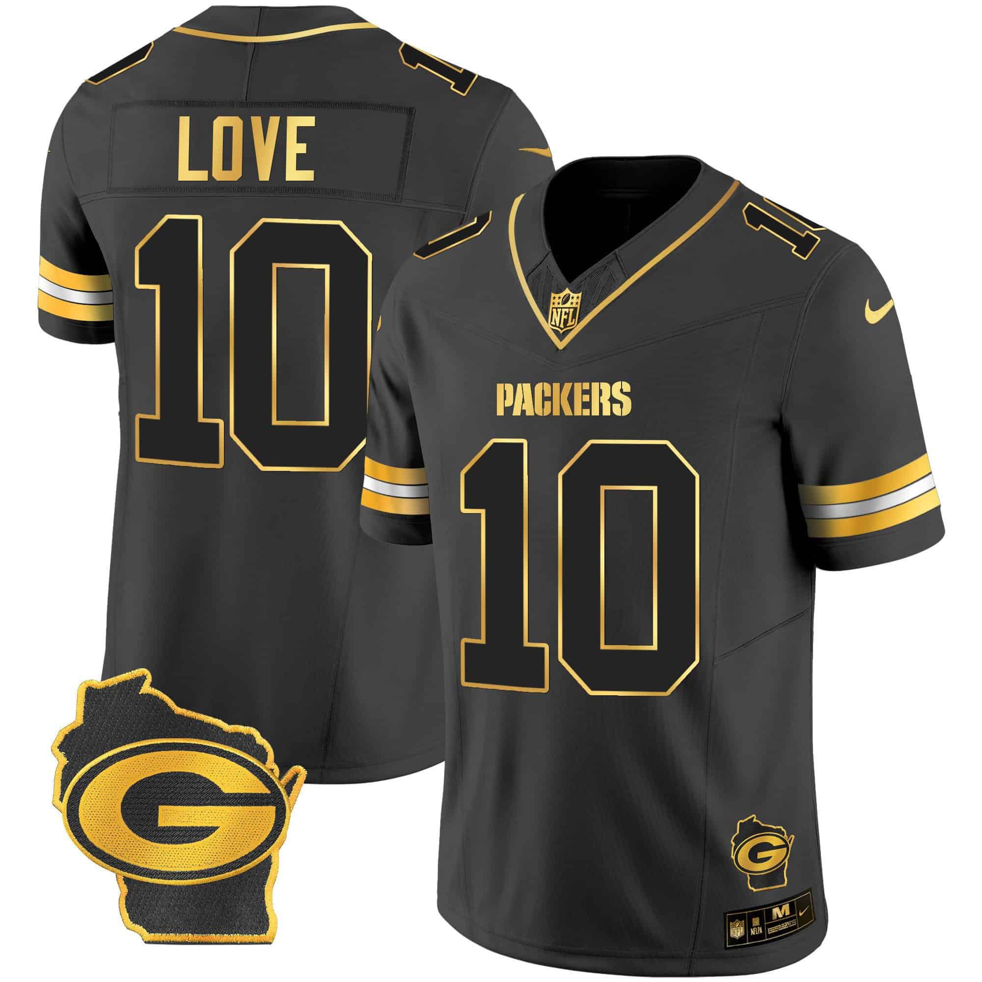 Men Green Bay Packers #10 Love Black Gold 2024 Nike Home Patch Vapor NFL Jersey style 2